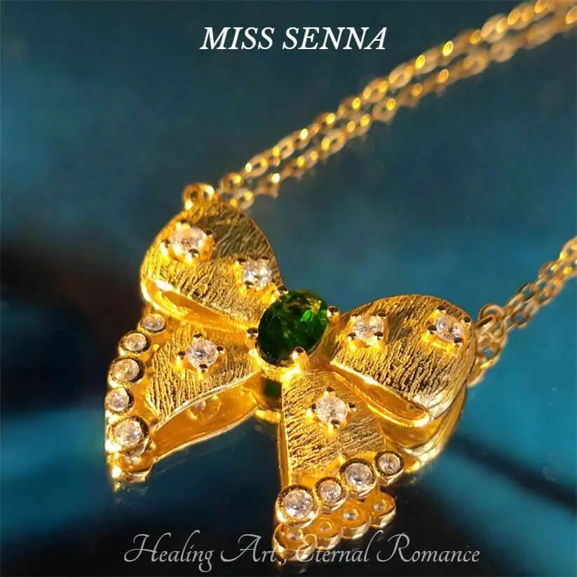 S925 Sterling Silver 18k Gold Plated Natural Diopside Fancy Butterfly Design Necklace