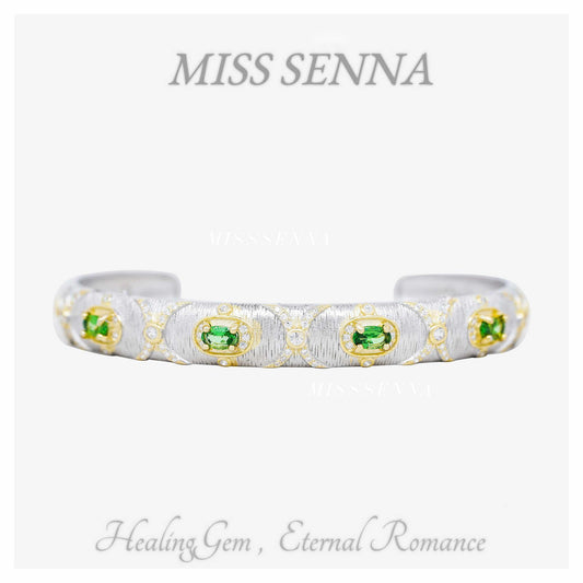 S925 Pulsera de satén de granate tsavorita plateado de oro de 18 km chapado en grano