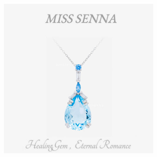 S925 Silver Brasil Natural Topaz Skly Blue Water Drop colgante de gran tamaño Collar