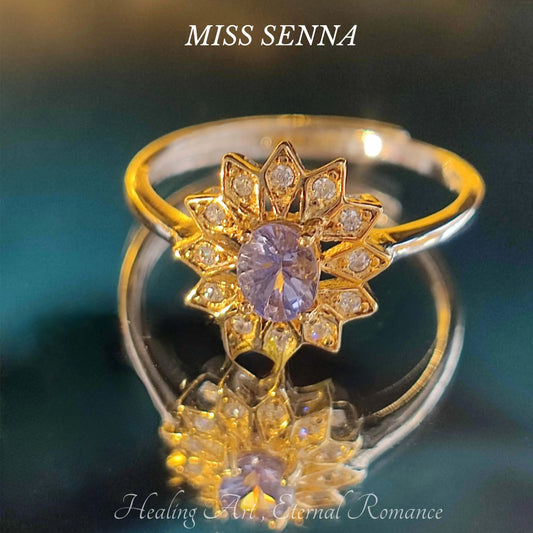 S925 Sterling Silver 18K Gold Natural Tanzanite Sunflower Forma D Grado Anillo de color