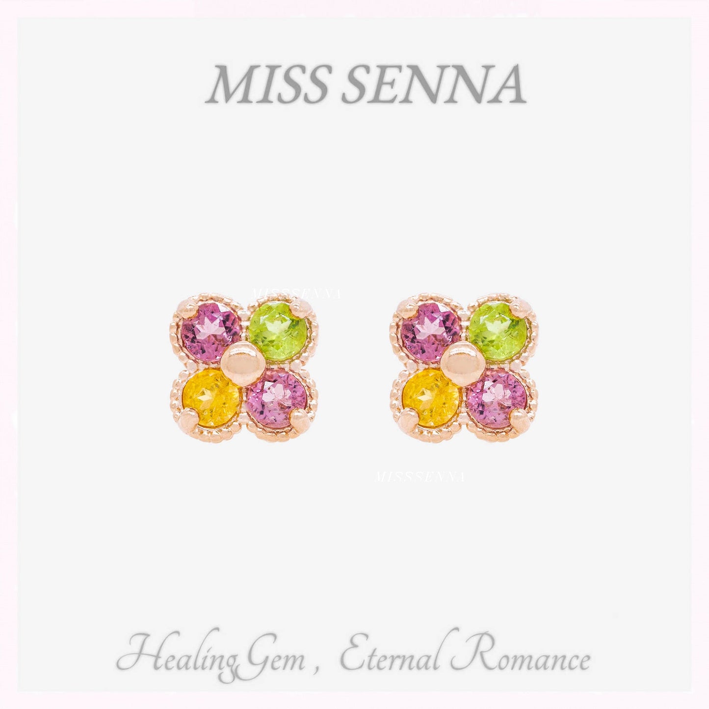 S925 Silver Natural Colorful Tourmaline Clover Shape Ear Stud