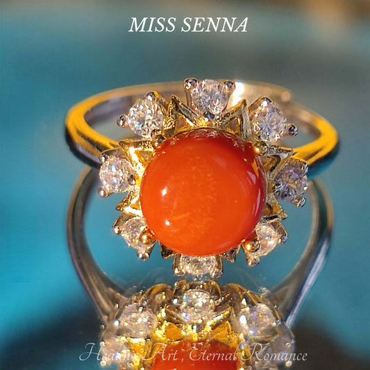 S925 Sterling Silver 18k Gold Plated Natural Nanjiang Red Agate Sunflower Shape Ring