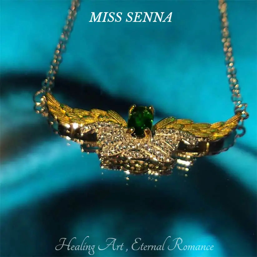 S925 Sterling Silver 18k Gold Plated Natural Diopside Fancy Angel Wing Design Necklace
