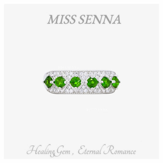 S925 Silve Natural Diopside Delicada Fila 6 Anillo de piedras preciosas