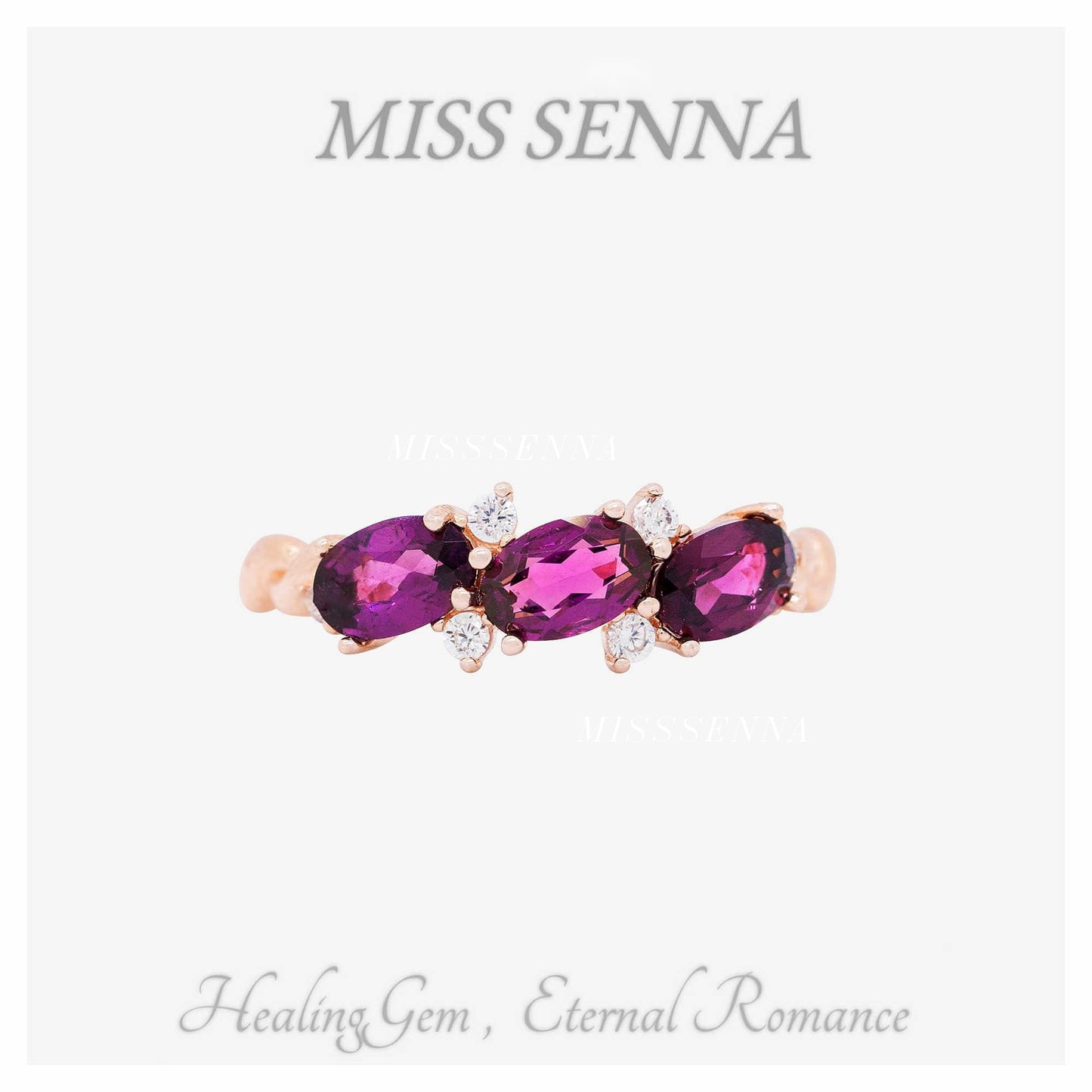 S925 Silver Natural Garnet Almandine Tres piedras preciosas anillo