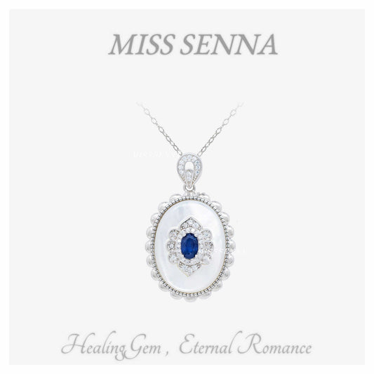 S925 Silver Natural Blue Sapphire y nácar colgante de vibración oceánica vintage