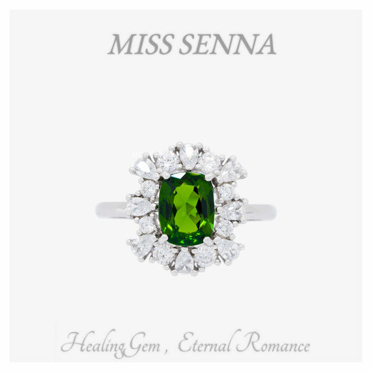 S925 Silver Natural Diopside Oval Lace Anillo exquisito