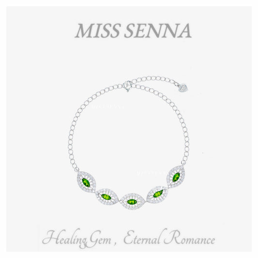 S925 Silver Natural Diopside Diopside ovalado Vívido verde cinco piedras preciosas brazalete