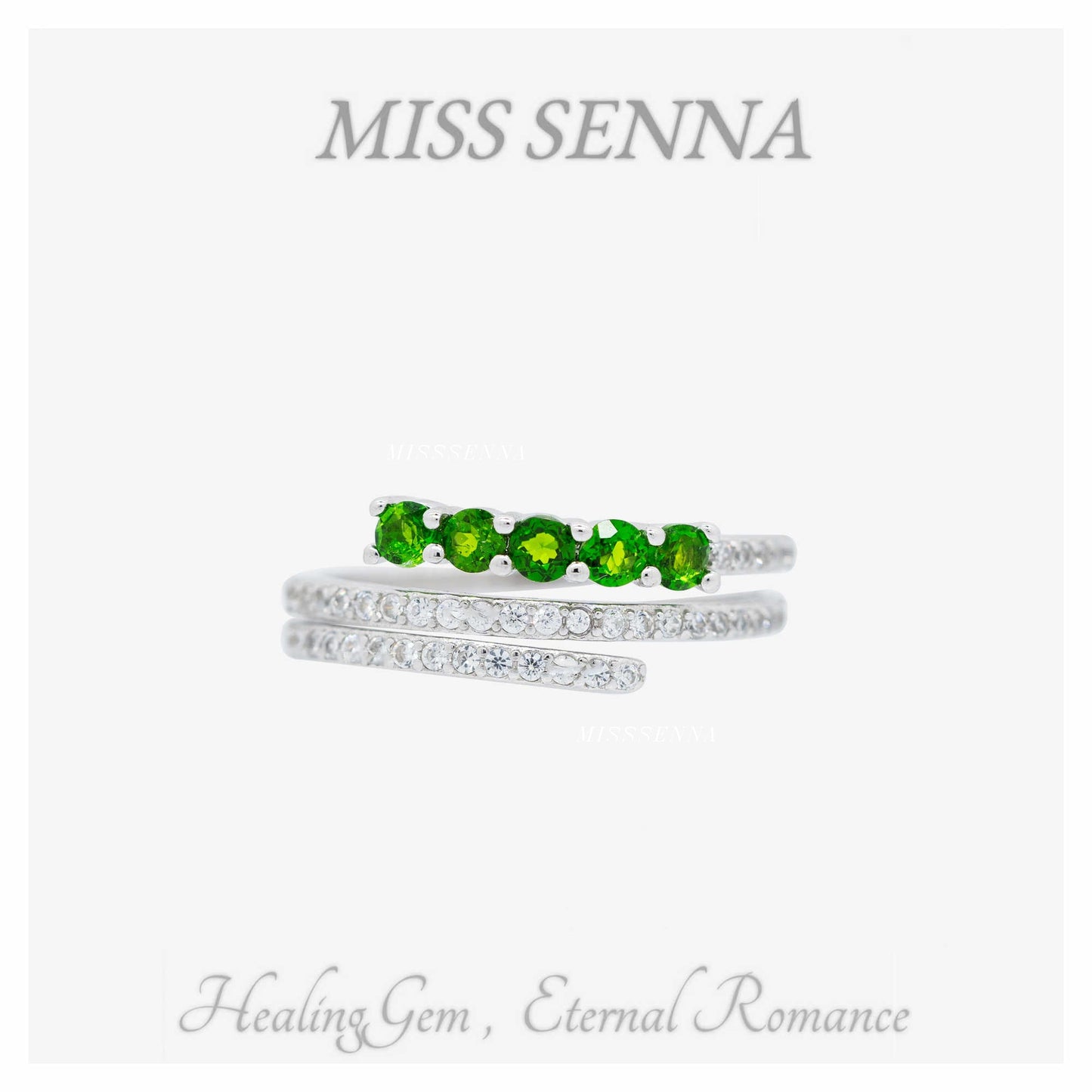 S925 Silver Natural Diopside Double fila cinco piedras preciosas anillo