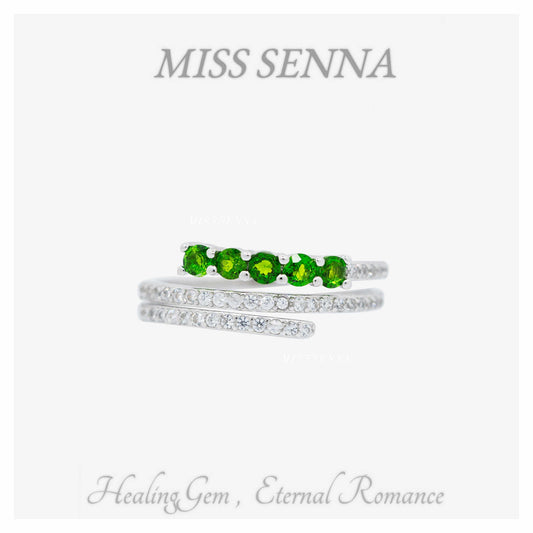 S925 Silver Natural Diopside Double fila cinco piedras preciosas anillo