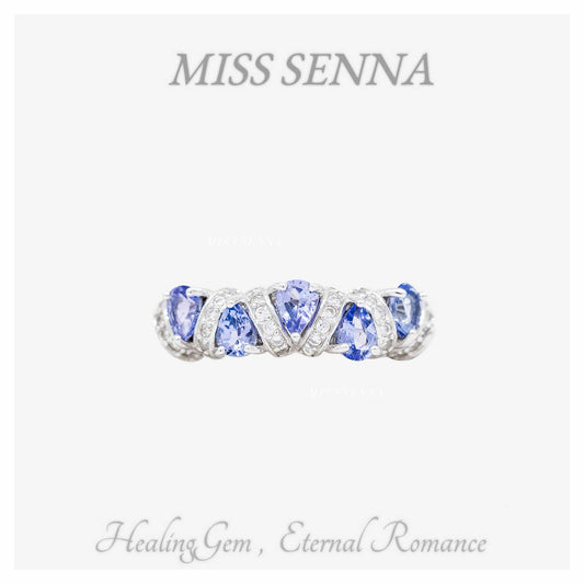 S925 Silver Natural Tanzanite Waterdrop en forma de 5 piedras preciosas anillo de compromiso