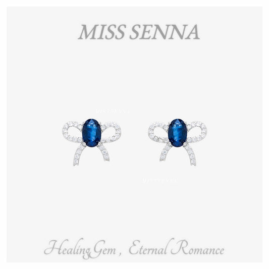 S925 Silver Sri Lanka Natural Sapphire Oval bowknot Stud Earrings