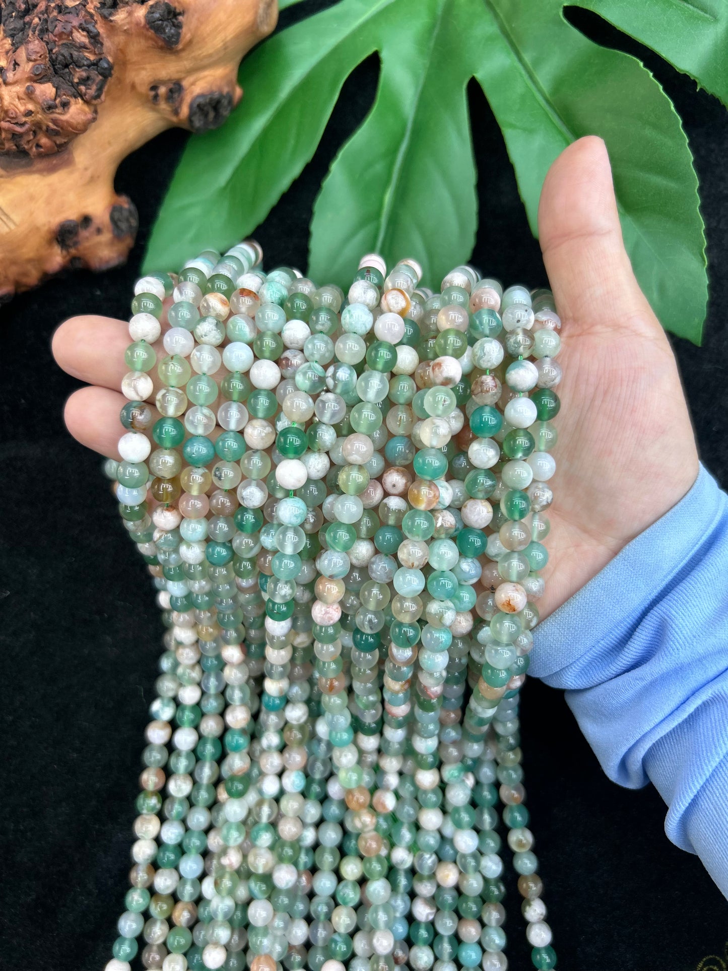 Green flower agate beads 6mm