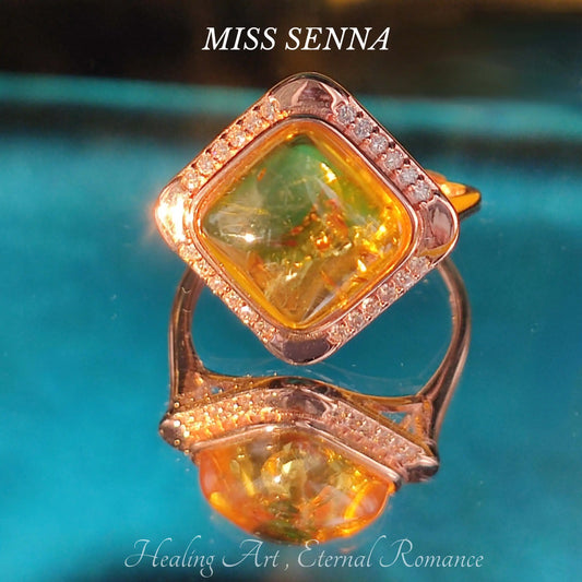 S925 Sterling Silver Yellow Transparent Amber Square Cutting Big Size Ring