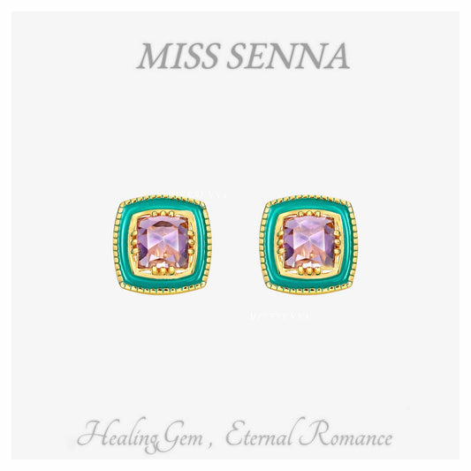 S925 Silver Natural Amethyst Vintage Style Square Stud Earrings