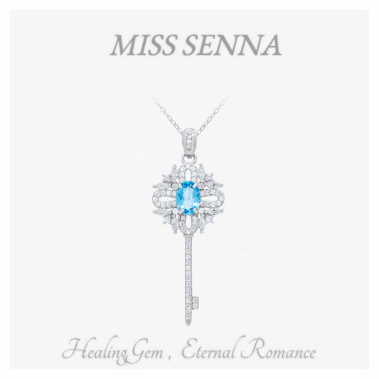 S925 Silver Natural Topaz Sky Blue Key Pendant Necklace