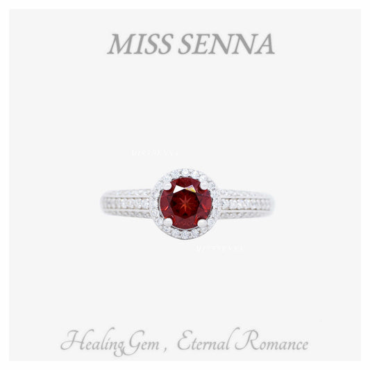 S925 Silver Natural Garnet Classic Round  Shape Cutting Ring