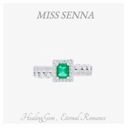 S925 Silver Columbia Natural Emerald Square Simple Ring