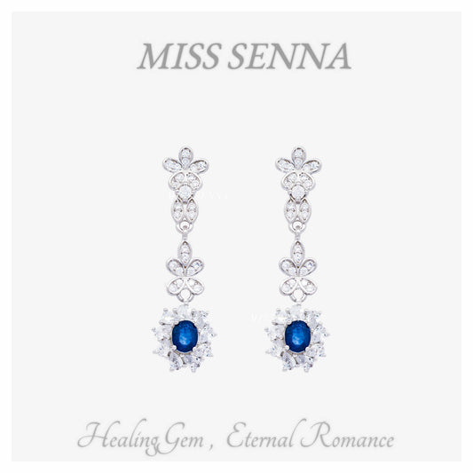 S925 Silver Natural Sapphire  Blue flower Shape Dangling Earrings