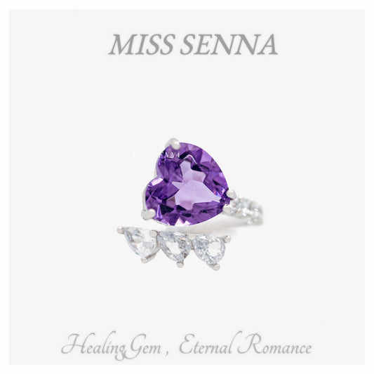 S925 Silver Natural Amethyst Heart Shape Ring 627