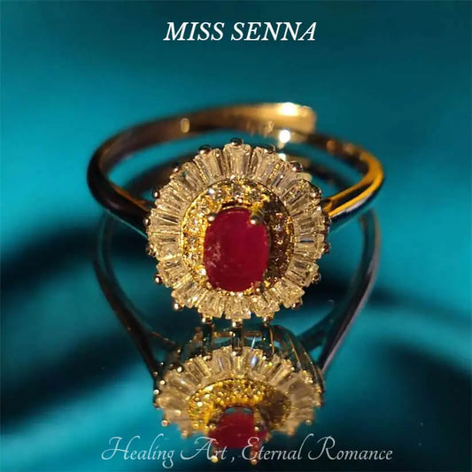 S925 Sterling Silver 18k Gold Plated Burma Pigeon Blood Red Ruby High-quality Sunflower Oval  Ring