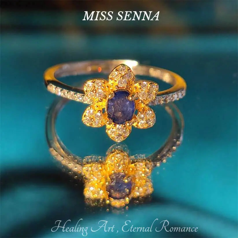 S925 Sterling Silver 18k Gold Plated Natural real gemstone Natural Sapphire flower Design Ring